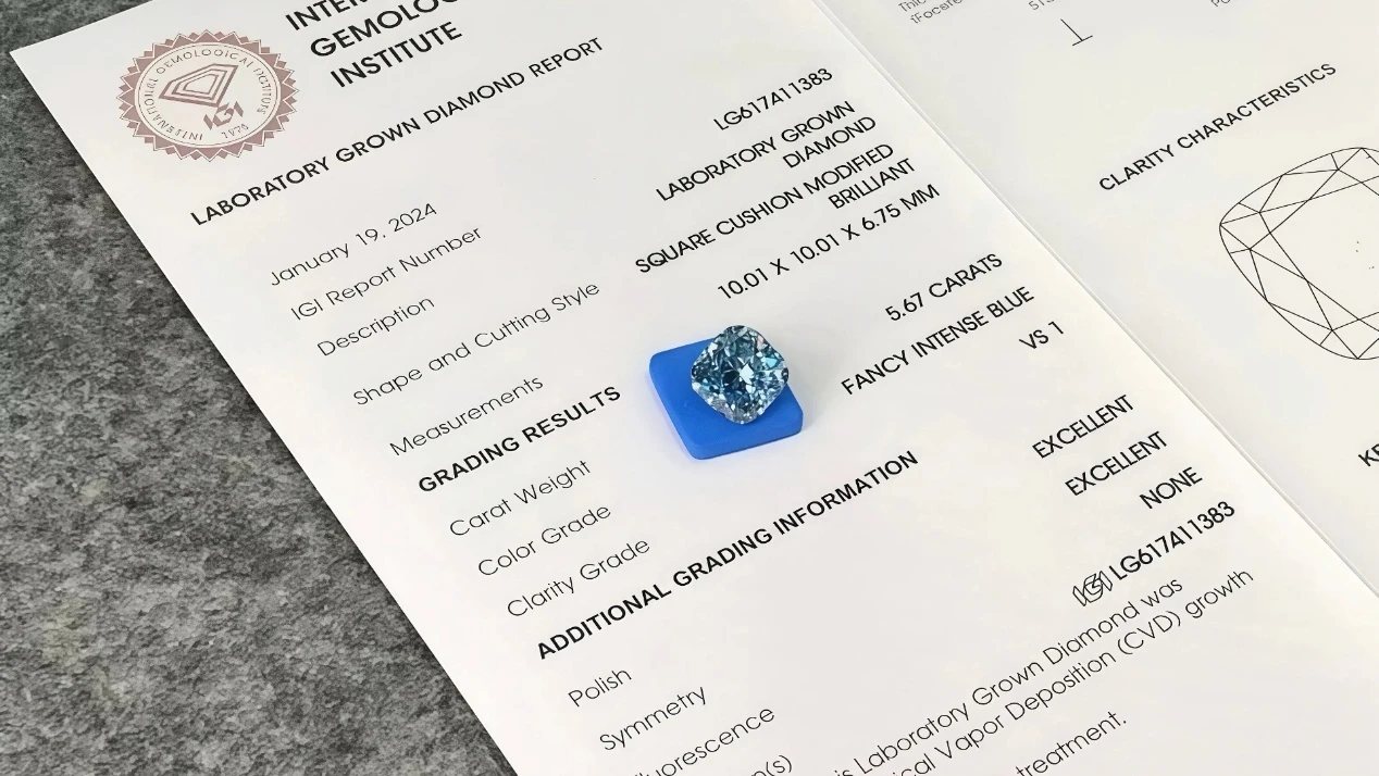 cushion cut blue colored lab grown loose diamond