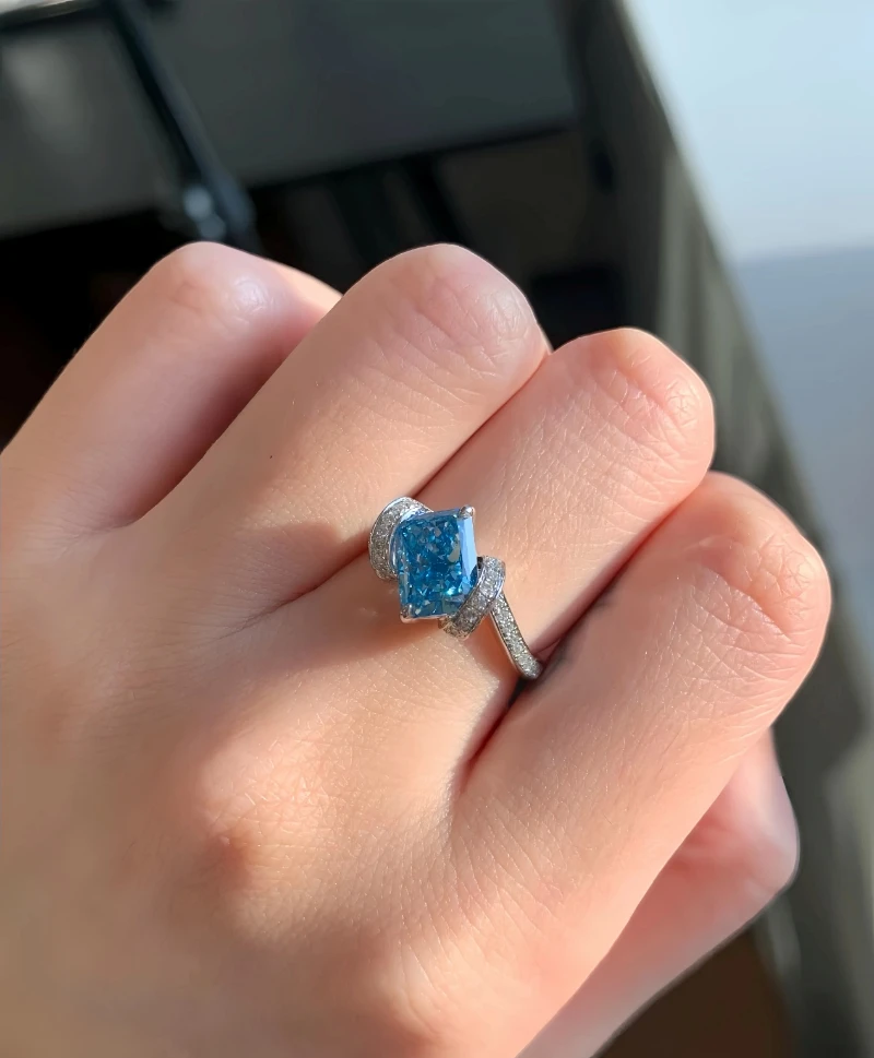 cushion cut blue colored lab grown loose diamond