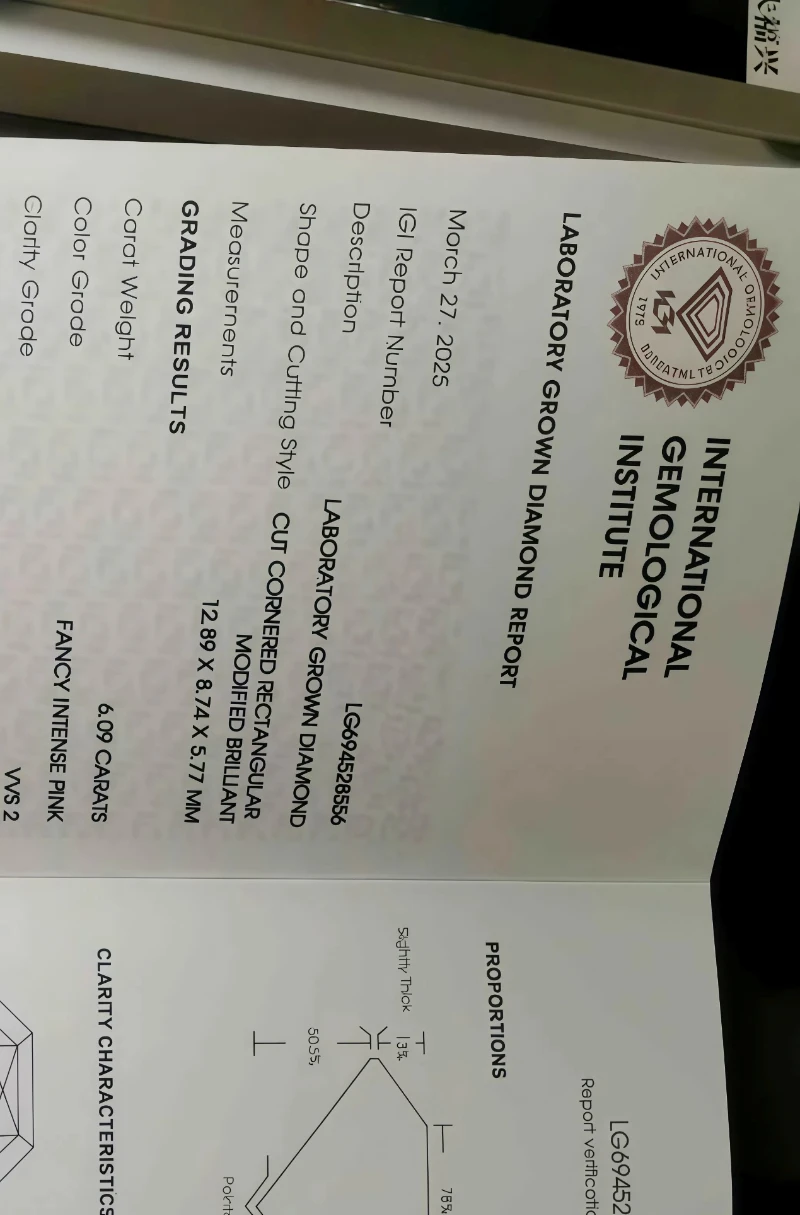 lab grown fancy intense pink radiant cut diamond (cvd) | igi certified | 2ex | vs1